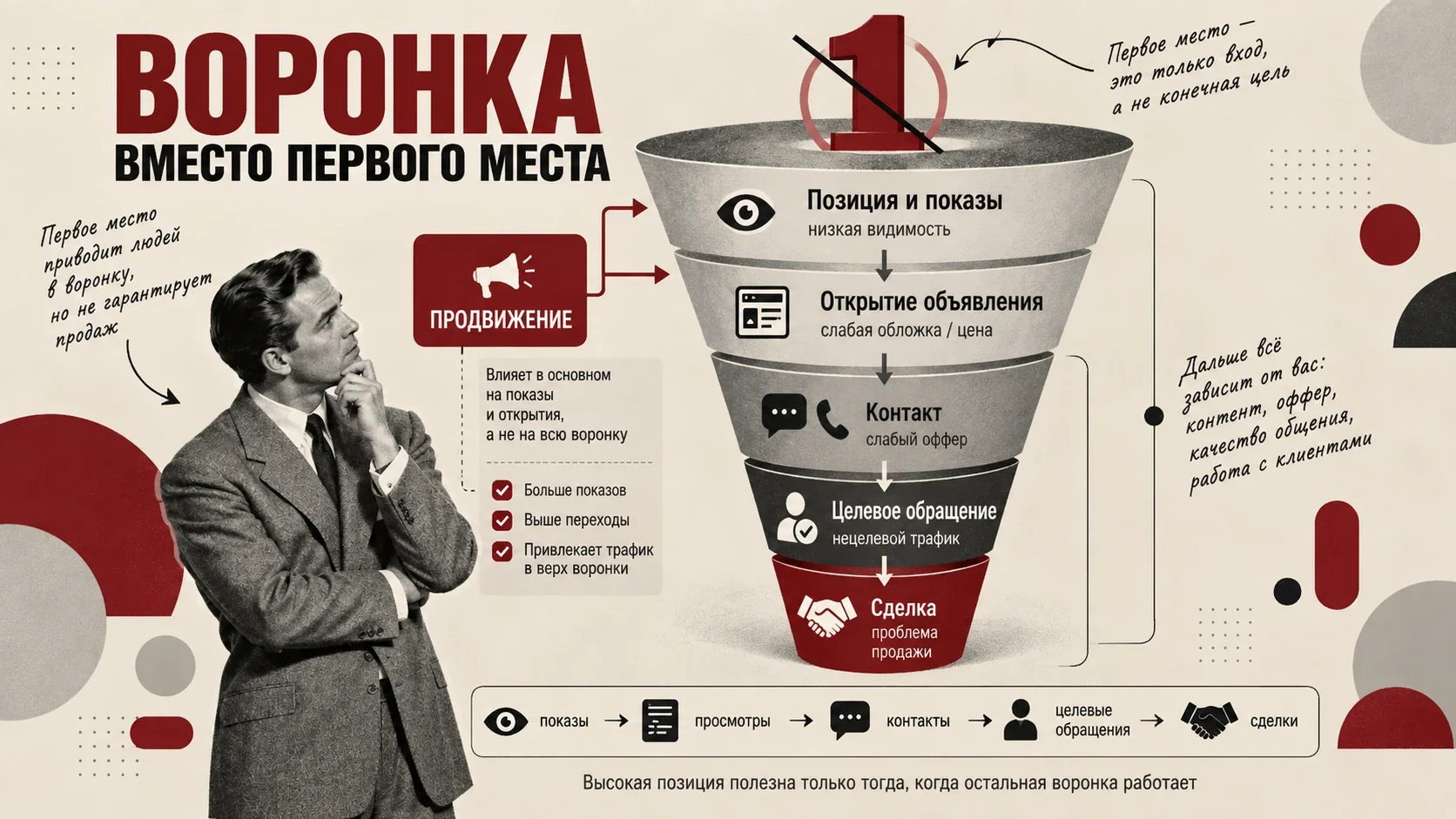 Воронка эффективности объявления Авито от показов и открытий до контактов, целевых обращений и сделки