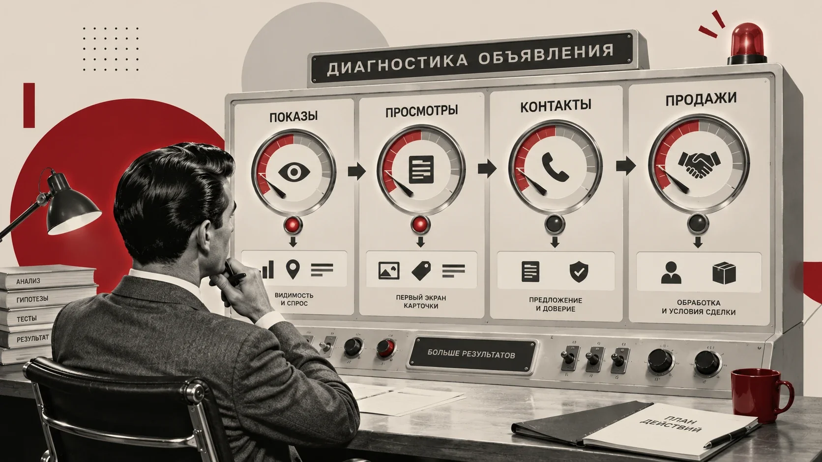 Диагностический пульт объявления с этапами показов, просмотров, контактов и продаж