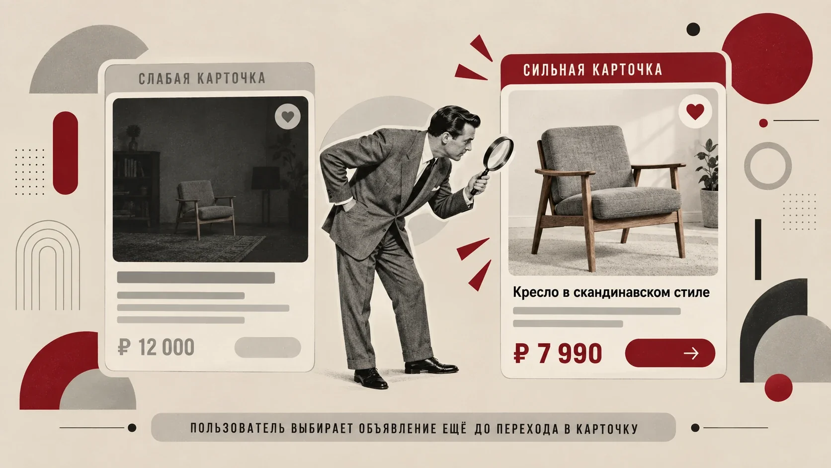 Сравнение двух карточек одного товара в выдаче: слабая карточка с тёмным фото и сильная карточка с понятным изображением, конкретным заголовком и конкурентной ценой