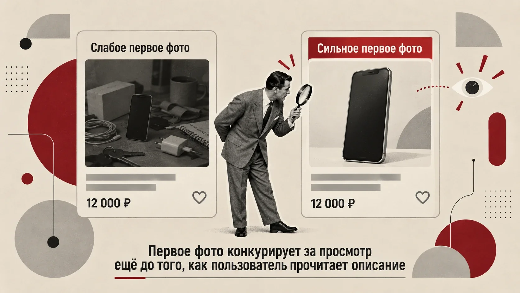 Сравнение двух карточек одного товара: слабое и сильное первое фото в выдаче Авито