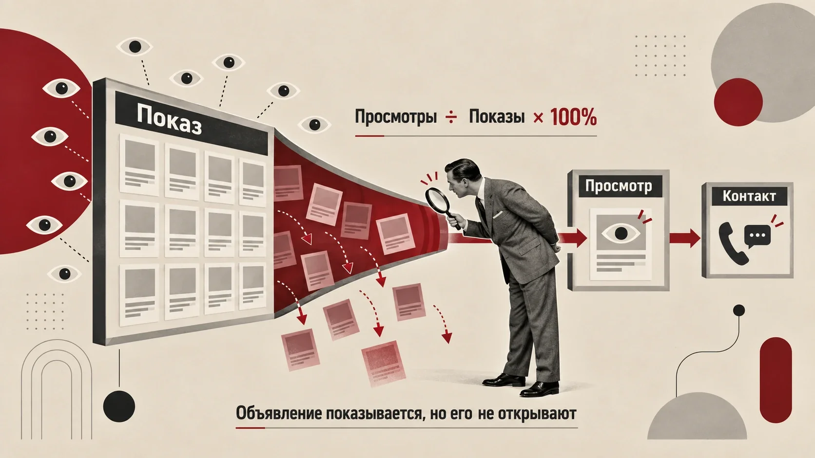 Воронка потерь между показом, просмотром и контактом в объявлении Авито